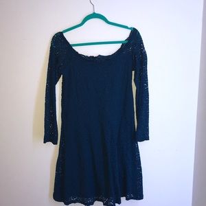 blue lace long sleeved off the shoulder dress